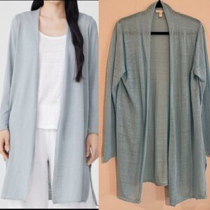 Eileen Fisher Women Cardigan Large Blue Organic Linen Longline Coastal Grandma